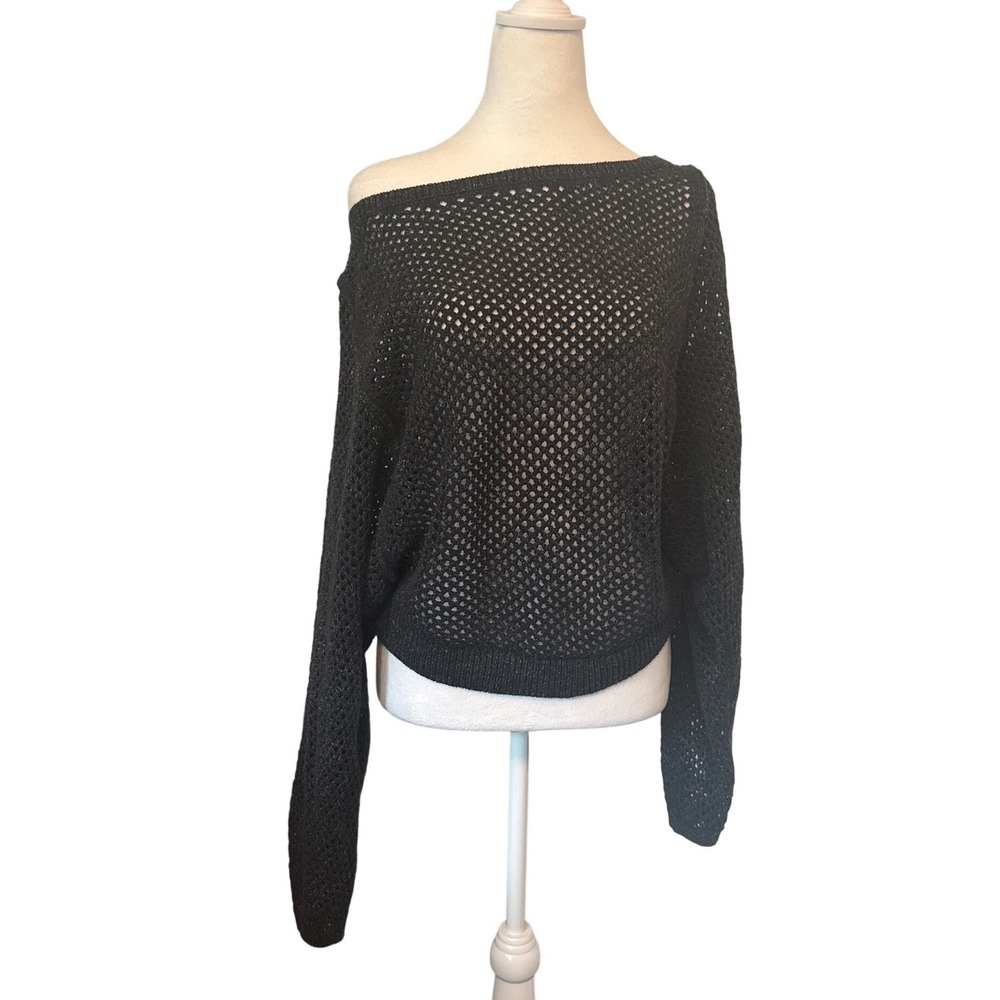 Pilcro Anthropologie Metallic Open Knit Mesh Off Shoulder Sweater size Grey M
